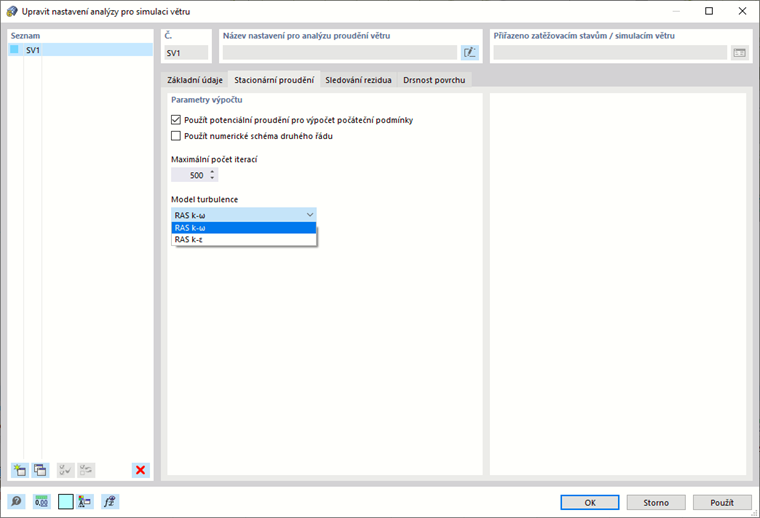 Nastavení simulace větru, ustálený tok
