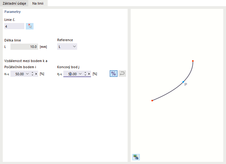 Dialogové okno „Nový bod napětí“, záložka „Na linii"