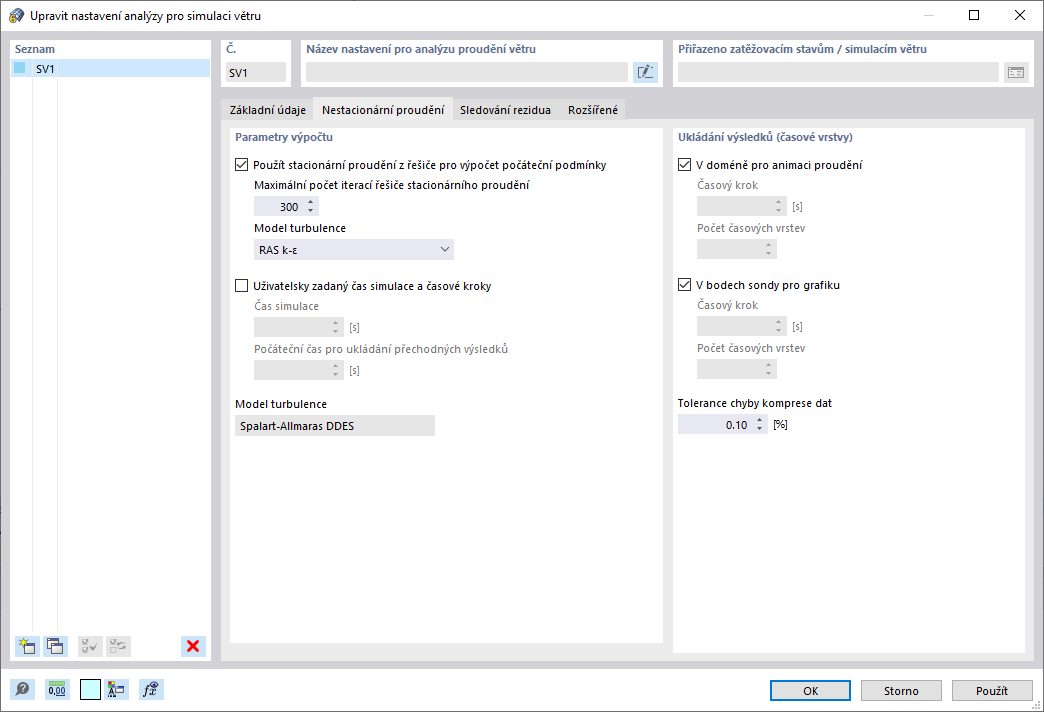 Nastavení simulace větru, nestacionární proudění