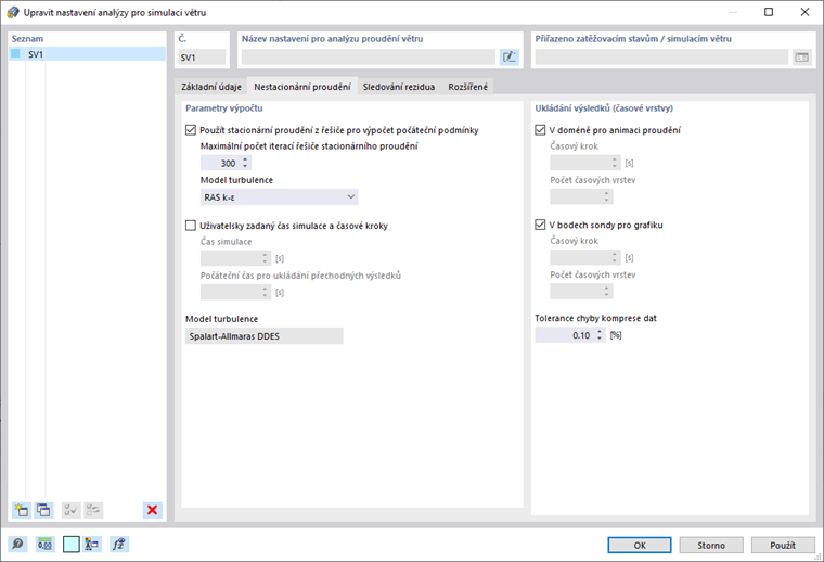 Nastavení simulace větru, nestacionární proudění
