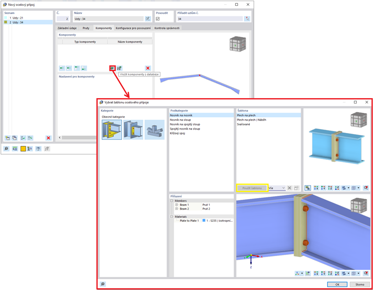 Výběr šablony ocelového přípoje z databáze