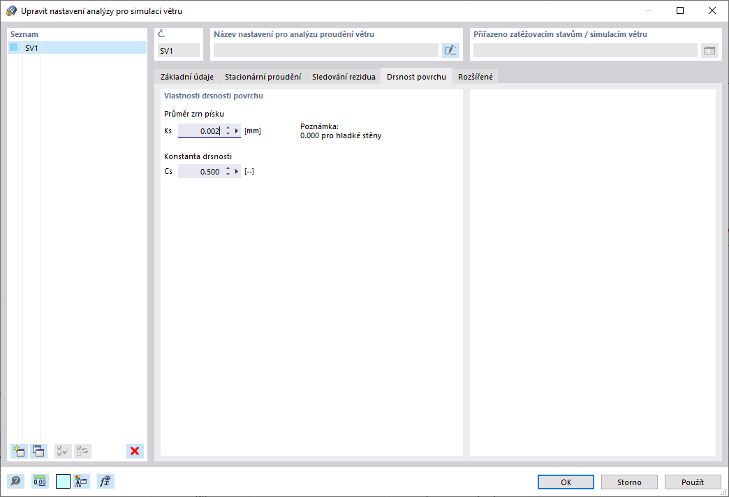 Nastavení simulace větru, drsnost povrchu