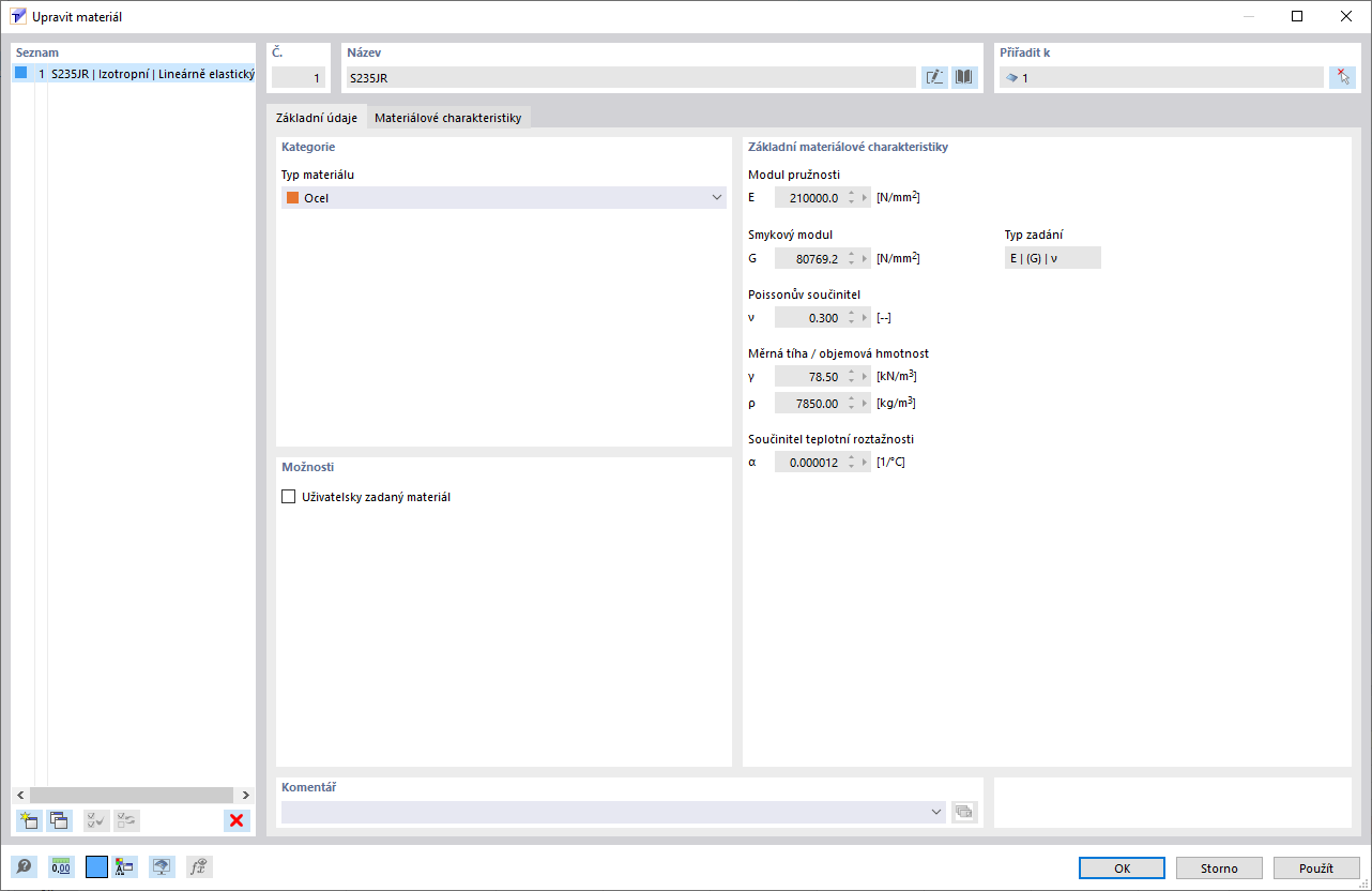 Dialog 'Nový materiál'