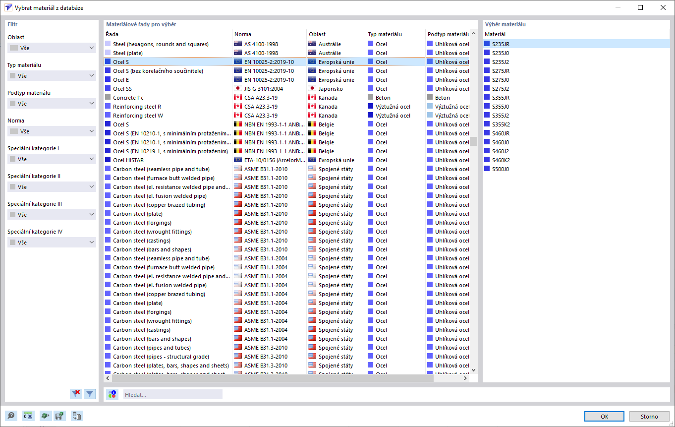 Dialog ' Vybrat materiál z databáze '
