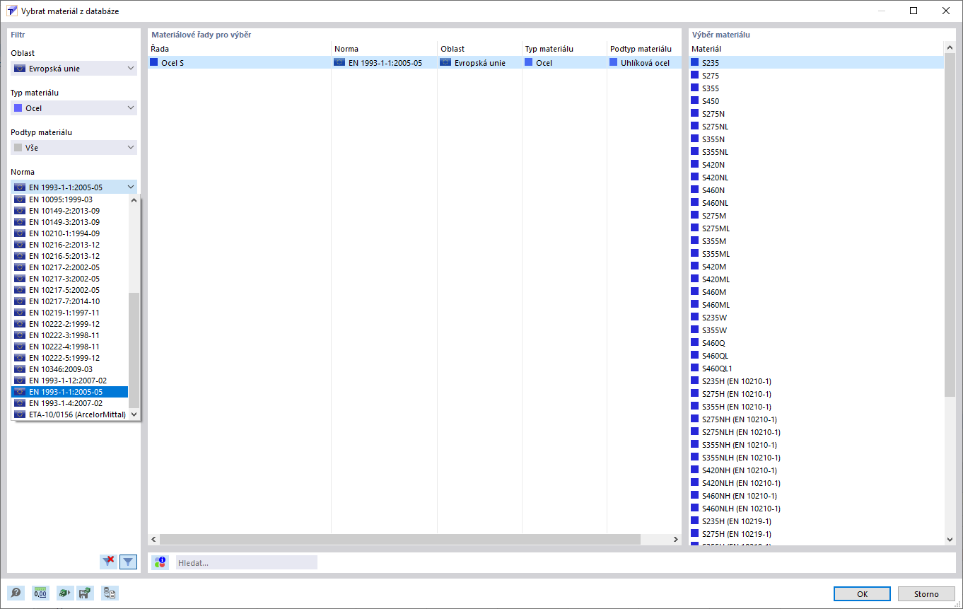 Filtrování databáze podle oblasti, typu materiálu a normy