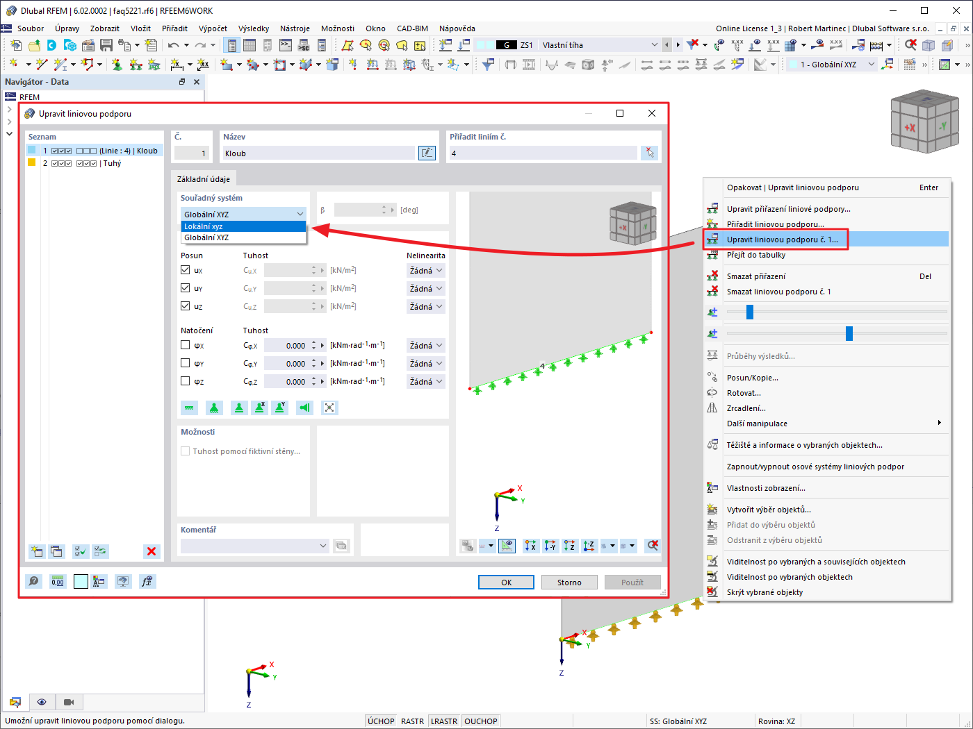 FAQ 005221 | V programu RFEM 6 se u liniových podpor nezobrazují lokální podporové reakce. Jak musím postupovat, abych je získal?