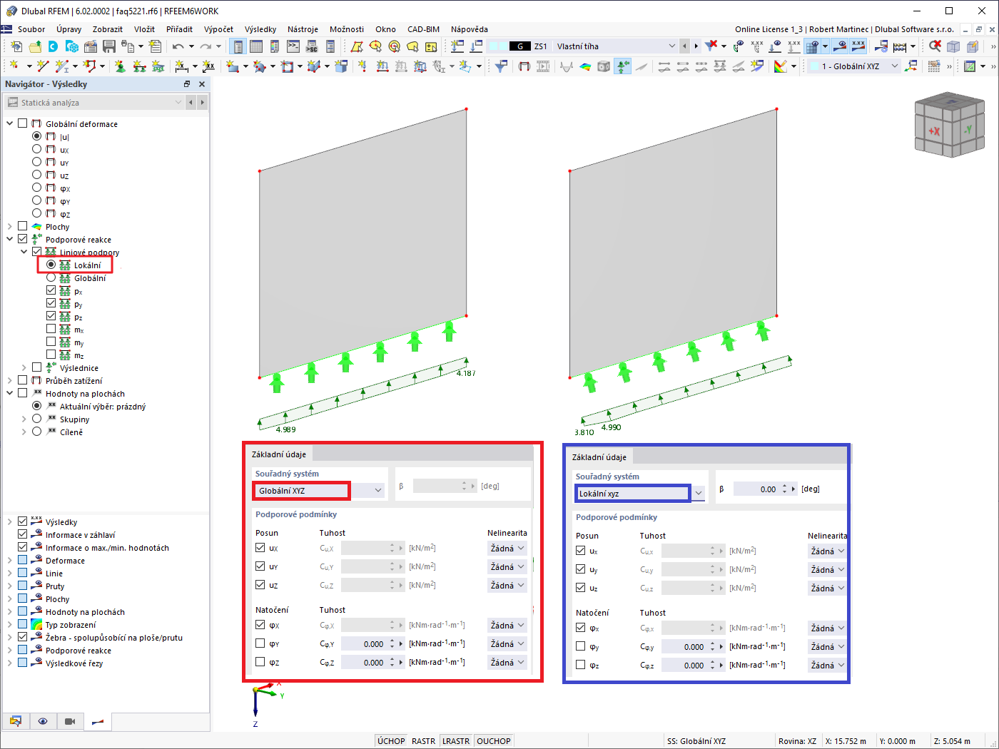 FAQ 005221 | V programu RFEM 6 se u liniových podpor nezobrazují lokální podporové reakce. Jak musím postupovat, abych je získal?