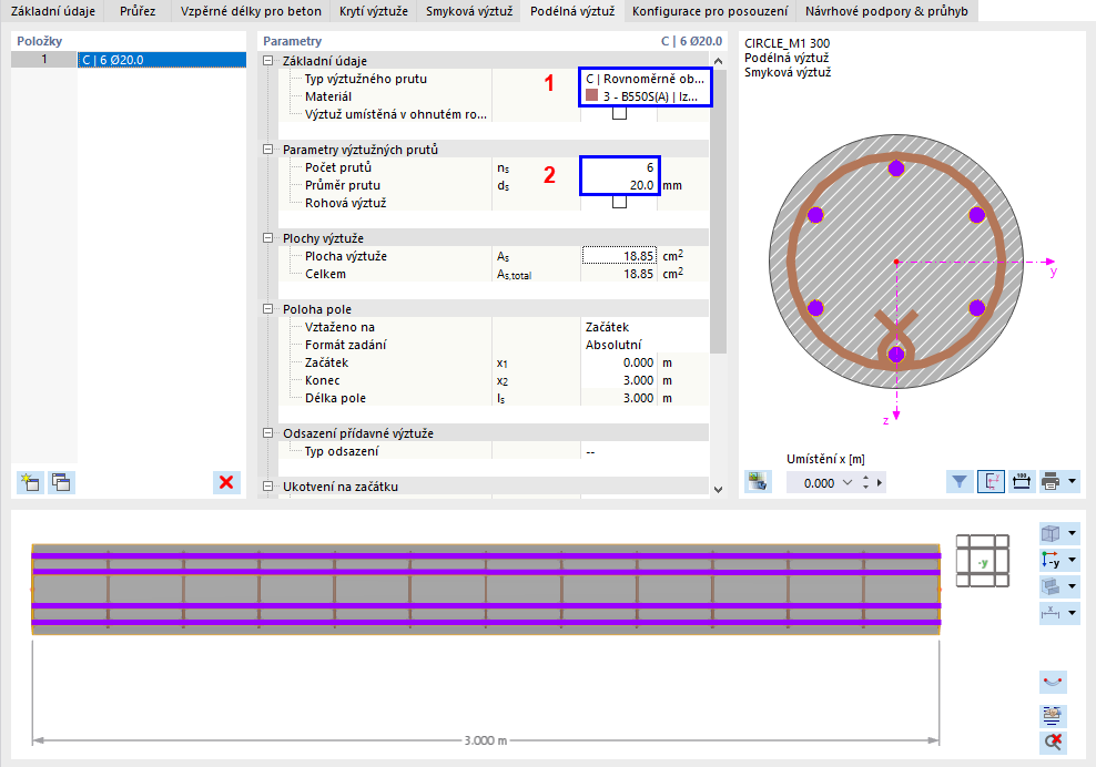 Definice uspořádání a počtu výztužových prutů
