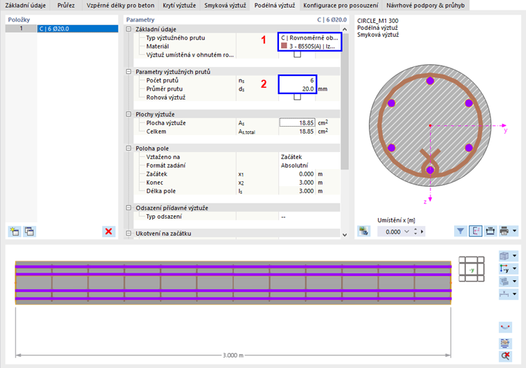 Definice uspořádání a počtu výztužových prutů