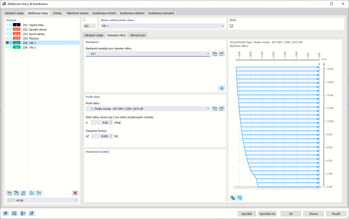 Zatěžovací stavy a kombinace, simulace větru