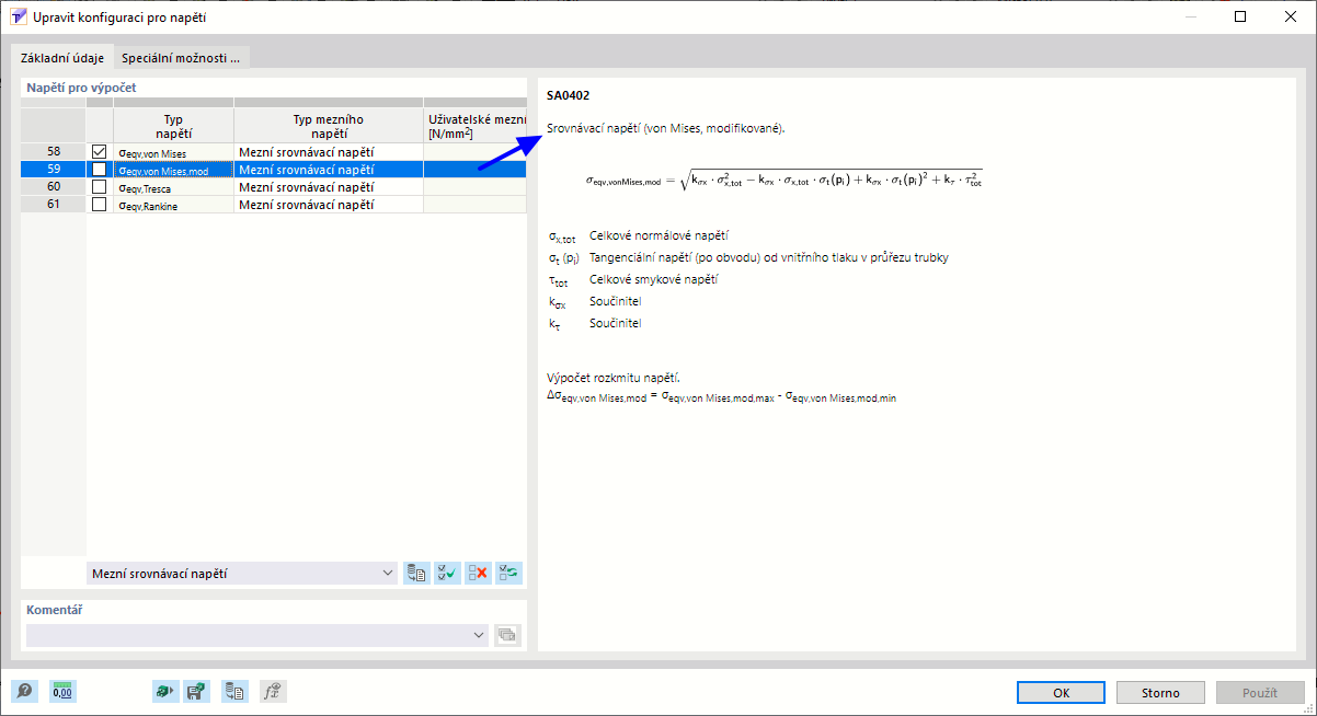 Popis vybraného napětí