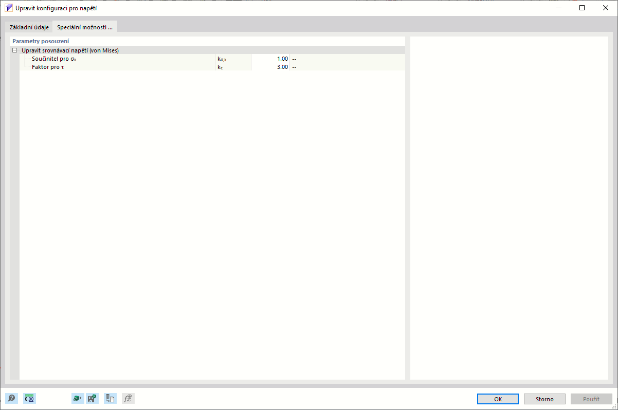 Dialog Napěťová konfigurace, záložka "Speciální možnosti"