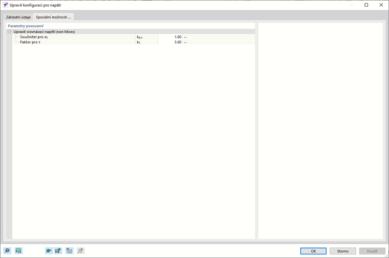 Dialog Napěťová konfigurace, záložka "Speciální možnosti"
