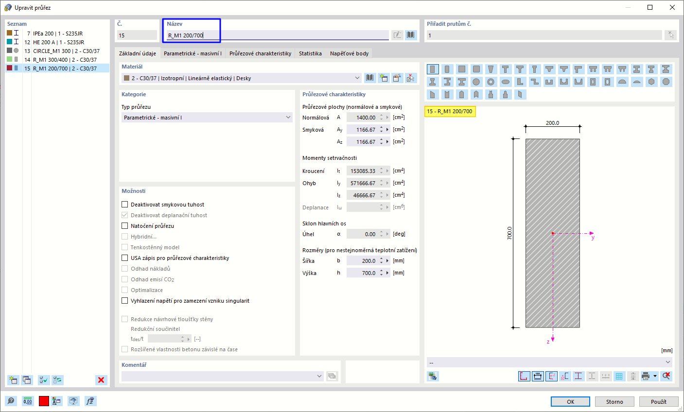 Zadání obdélníkového průřezu