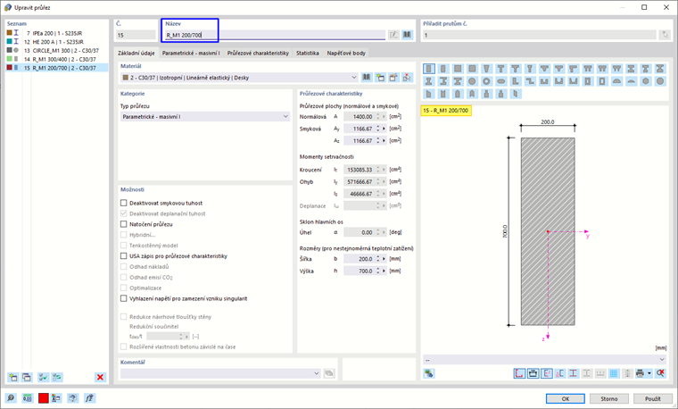 Zadání obdélníkového průřezu