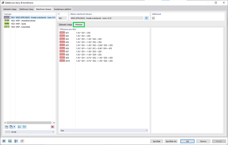 Kombinace zatížení přiřazené návrhové situaci
