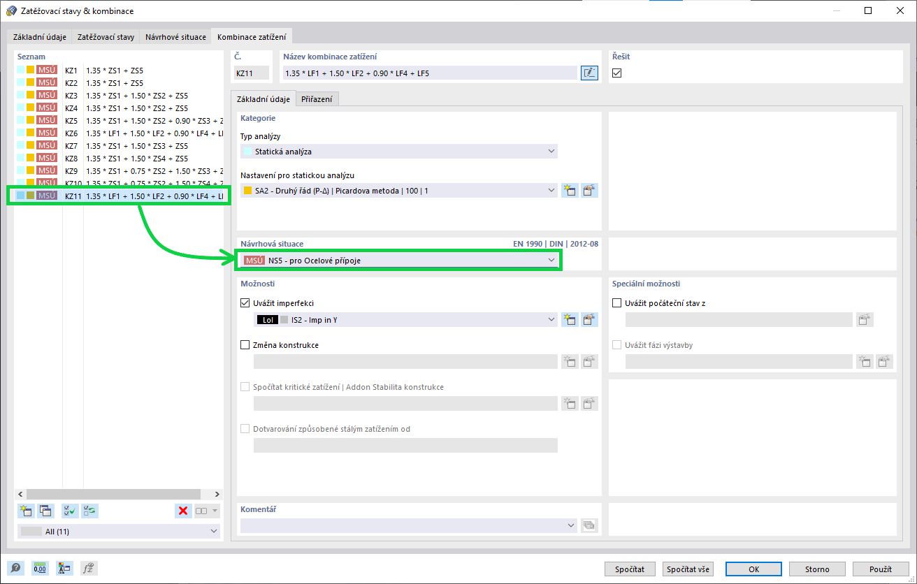 Kombinace pro posouzení relevantních návrhových situací