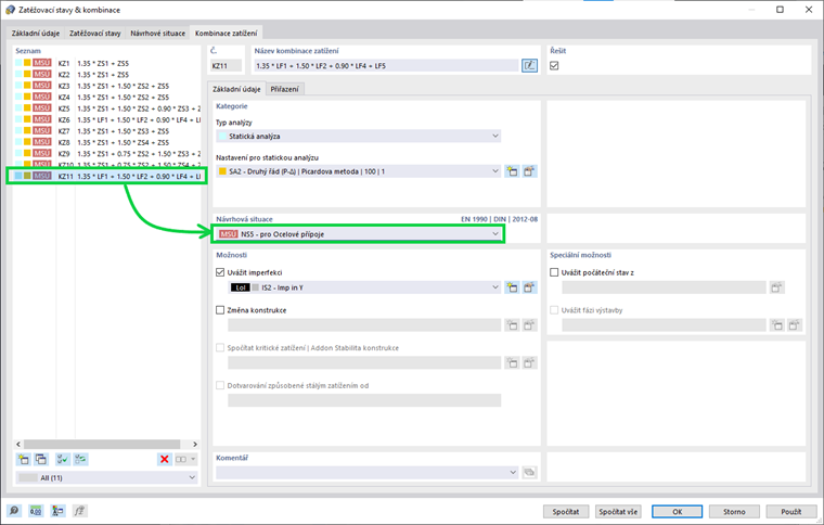 Kombinace pro posouzení relevantních návrhových situací