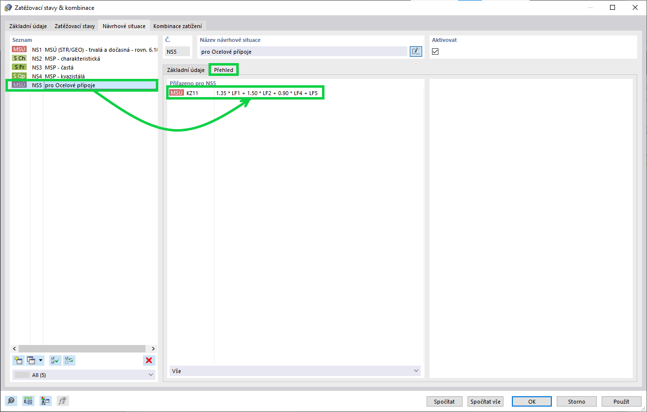 Výběr kombinací zatížení pro výpočet