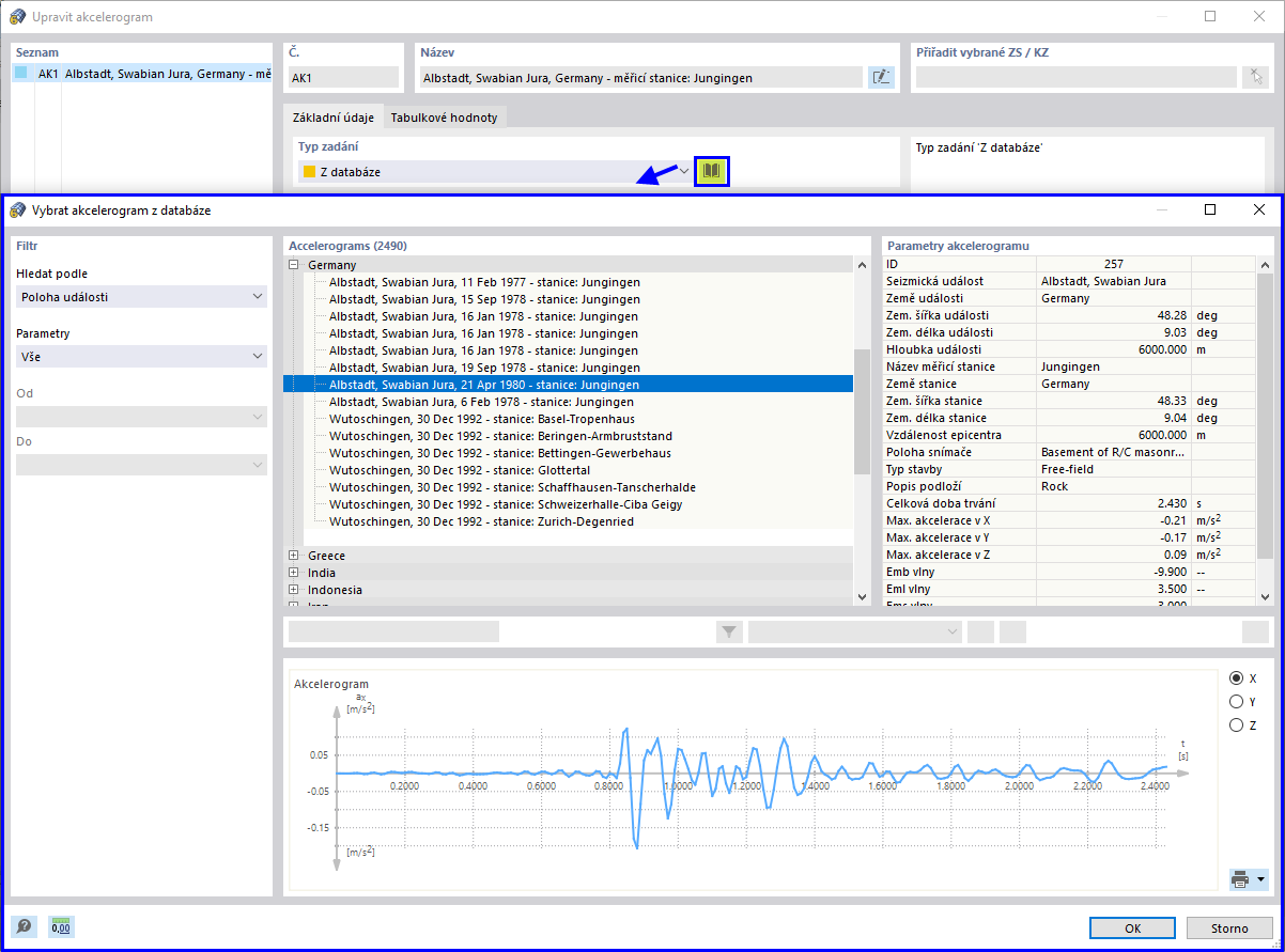 Výběr akcelerogramu v knihovně