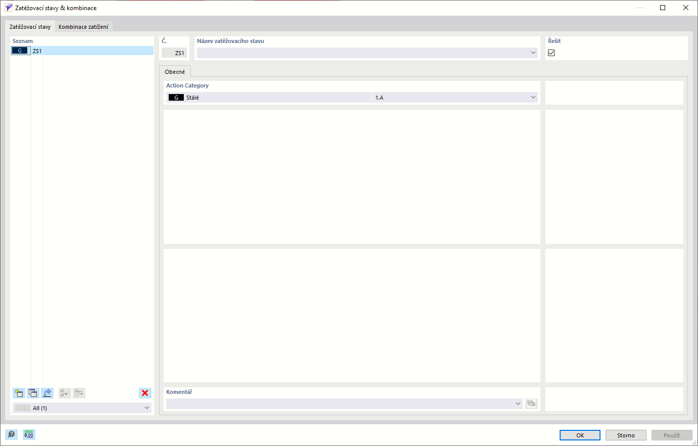 Dialog "Zatěžovací stavy a kombinace", záložka "Zatěžovací stavy"