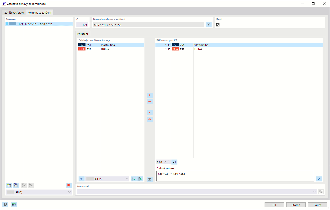 Dialogové okno „Zatěžovací stavy a kombinace“, karta „Kombinace zatížení“