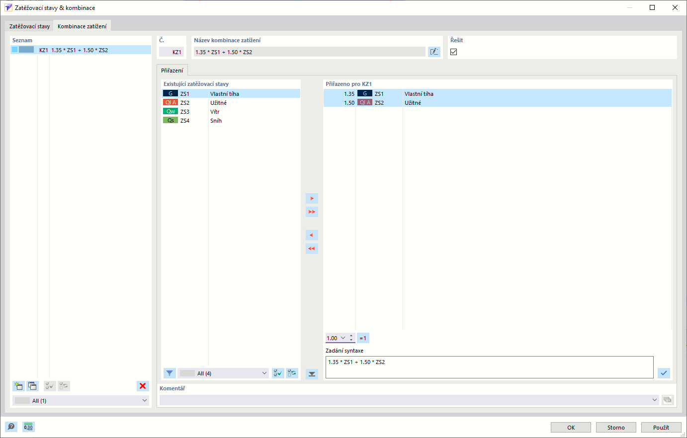 Zadání kombinace zatížení