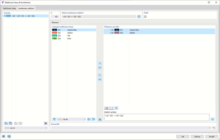 Zadání kombinace zatížení