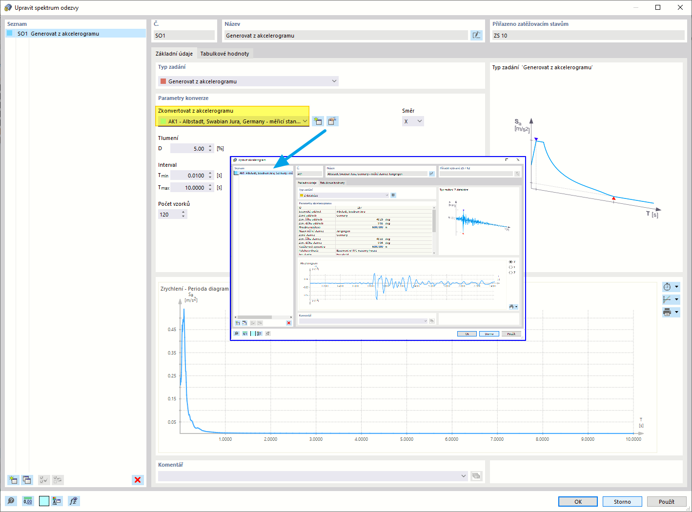 Vygenerování spektra odezvy z akcelogramu