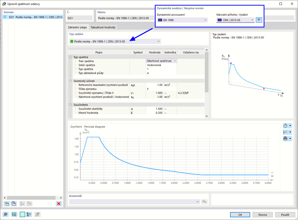 Vygenerování spektra odezvy podle normy