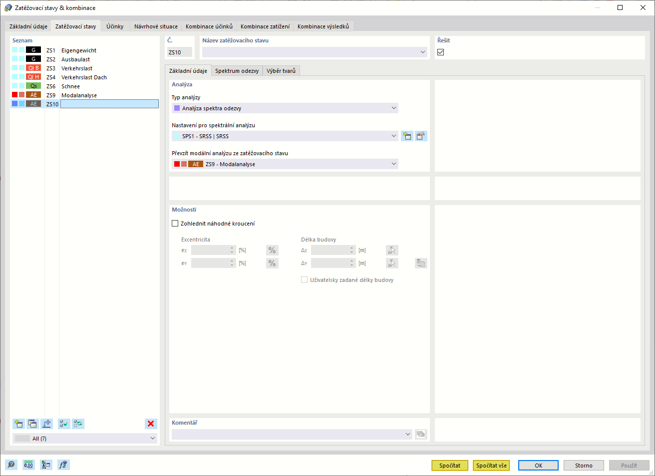 Spuštění výpočtu v dialogu 'Zatěžovací stavy a kombinace'