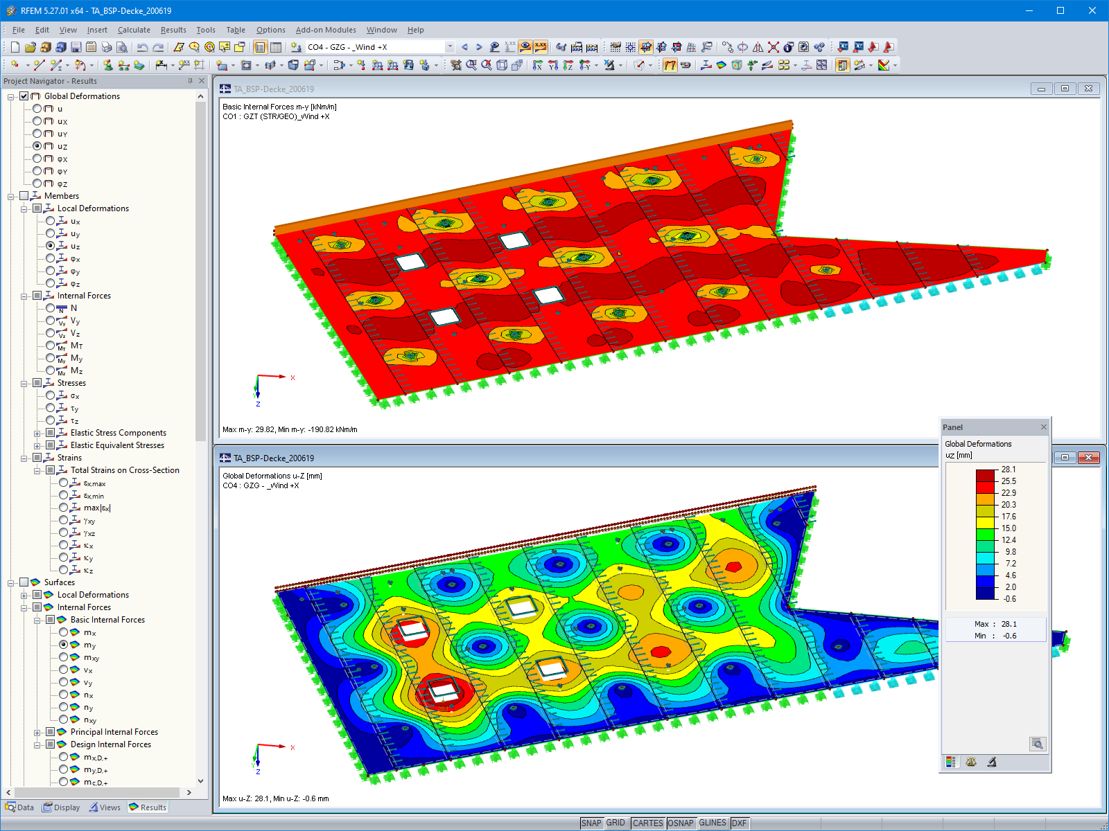 Deska z křížem lepeného dřeva s vnitřními silami (nahoře) a s deformacemi (dole) v programu RFEM (© ATP architekten ingenieure)