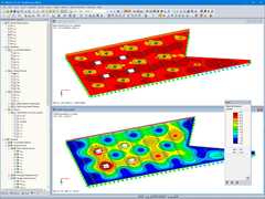 Deska z křížem lepeného dřeva s vnitřními silami (nahoře) a s deformacemi (dole) v programu RFEM (© ATP architekten ingenieure)