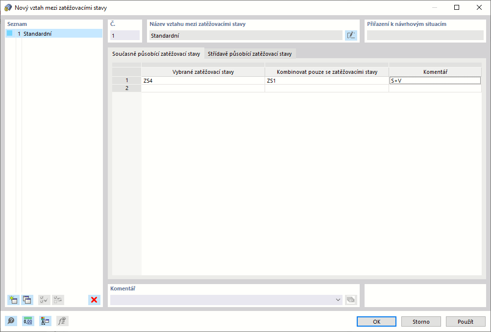 Dialog ' Nový vztah k zatěžovacím stavům '