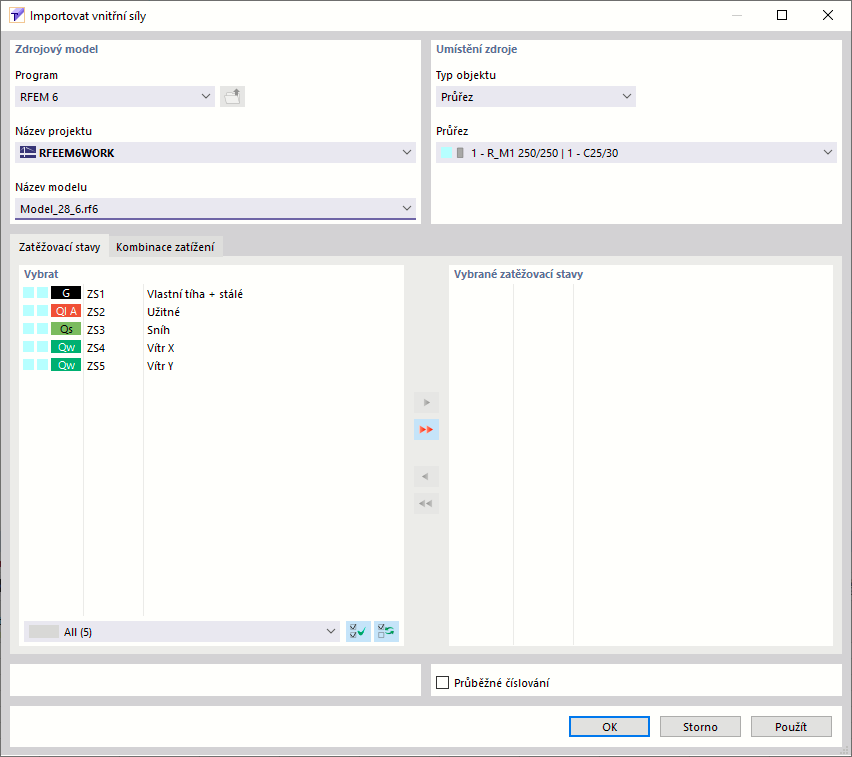 Dialogové okno „Importovat vnitřní síly“