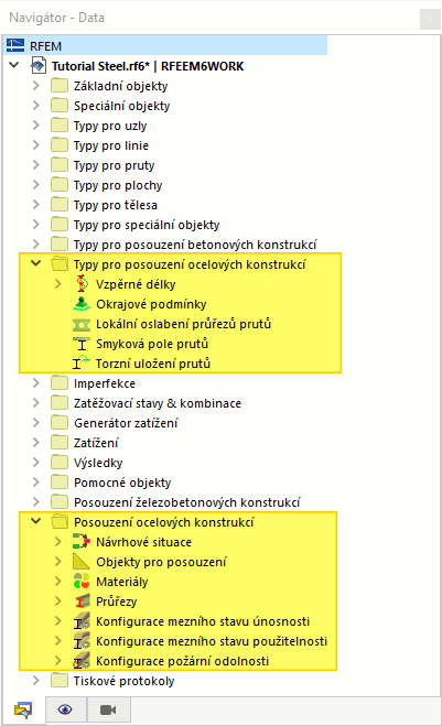 Položky v navigátoru relevantní pro posouzení ocelových konstrukcí
