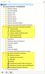 Položky v navigátoru relevantní pro posouzení ocelových konstrukcí