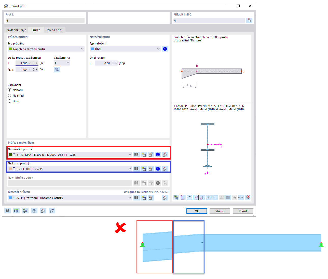 FAQ 005225 | Chtěl bych namodelovat rámový nosník s náběhem (s nastaveným I-profilem). Za tímto účelem jsem vytvořil prut s průběhem průřezu "Náběh na začátku prutu"
