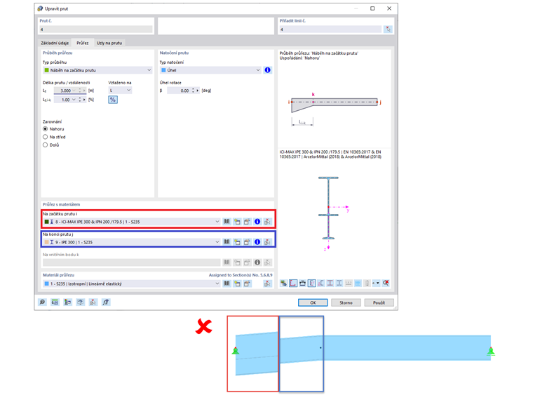 FAQ 005225 | Chtěl bych namodelovat rámový nosník s náběhem (s nastaveným I-profilem). Za tímto účelem jsem vytvořil prut s průběhem průřezu "Náběh na začátku prutu"