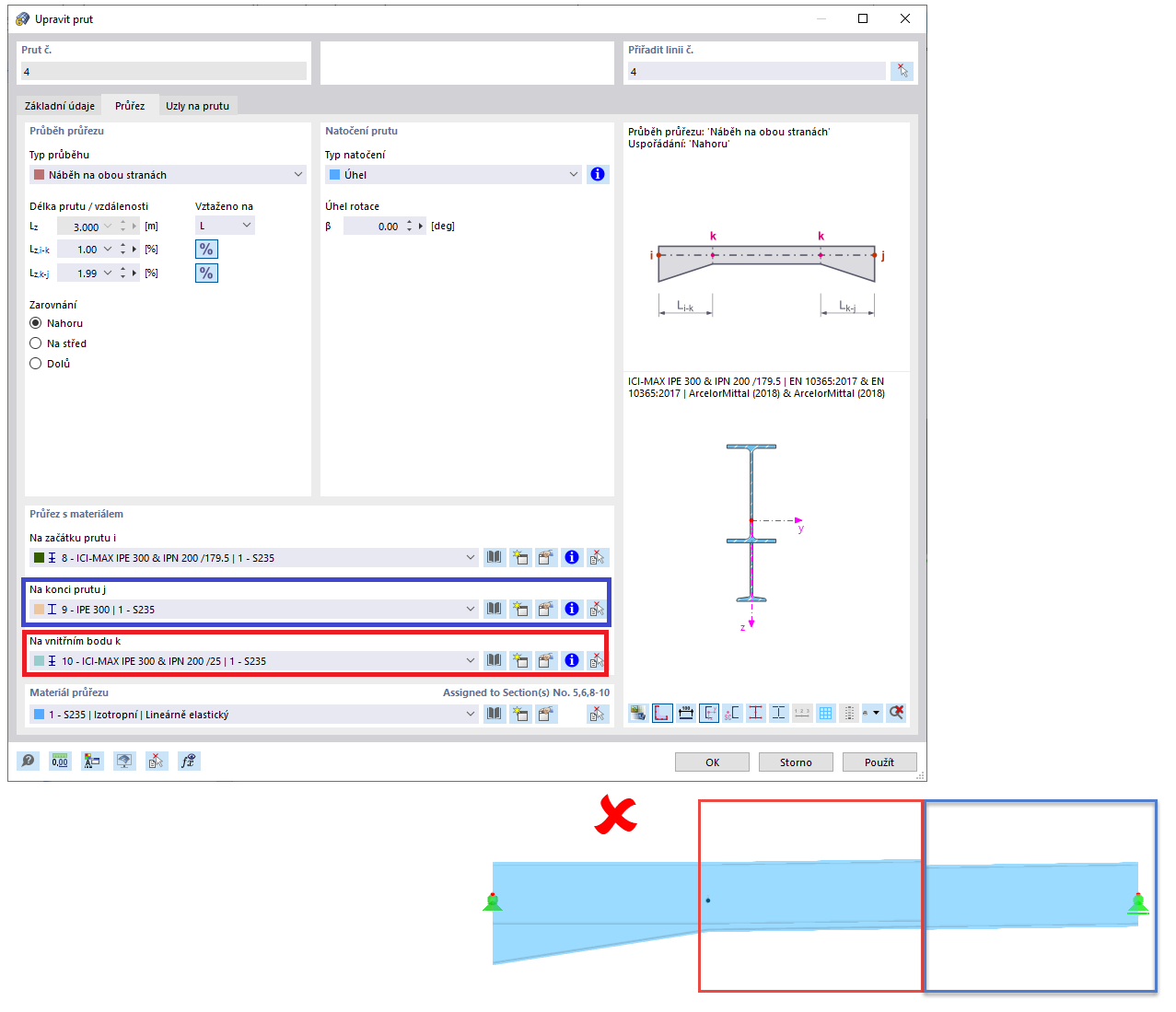 FAQ 005225 | Chtěl bych namodelovat rámový nosník s náběhem (s nastaveným I-profilem). Za tímto účelem jsem vytvořil prut s průběhem průřezu "Náběh na začátku prutu"