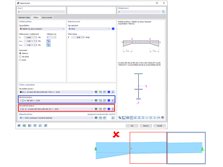 FAQ 005225 | Chtěl bych namodelovat rámový nosník s náběhem (s nastaveným I-profilem). Za tímto účelem jsem vytvořil prut s průběhem průřezu "Náběh na začátku prutu"