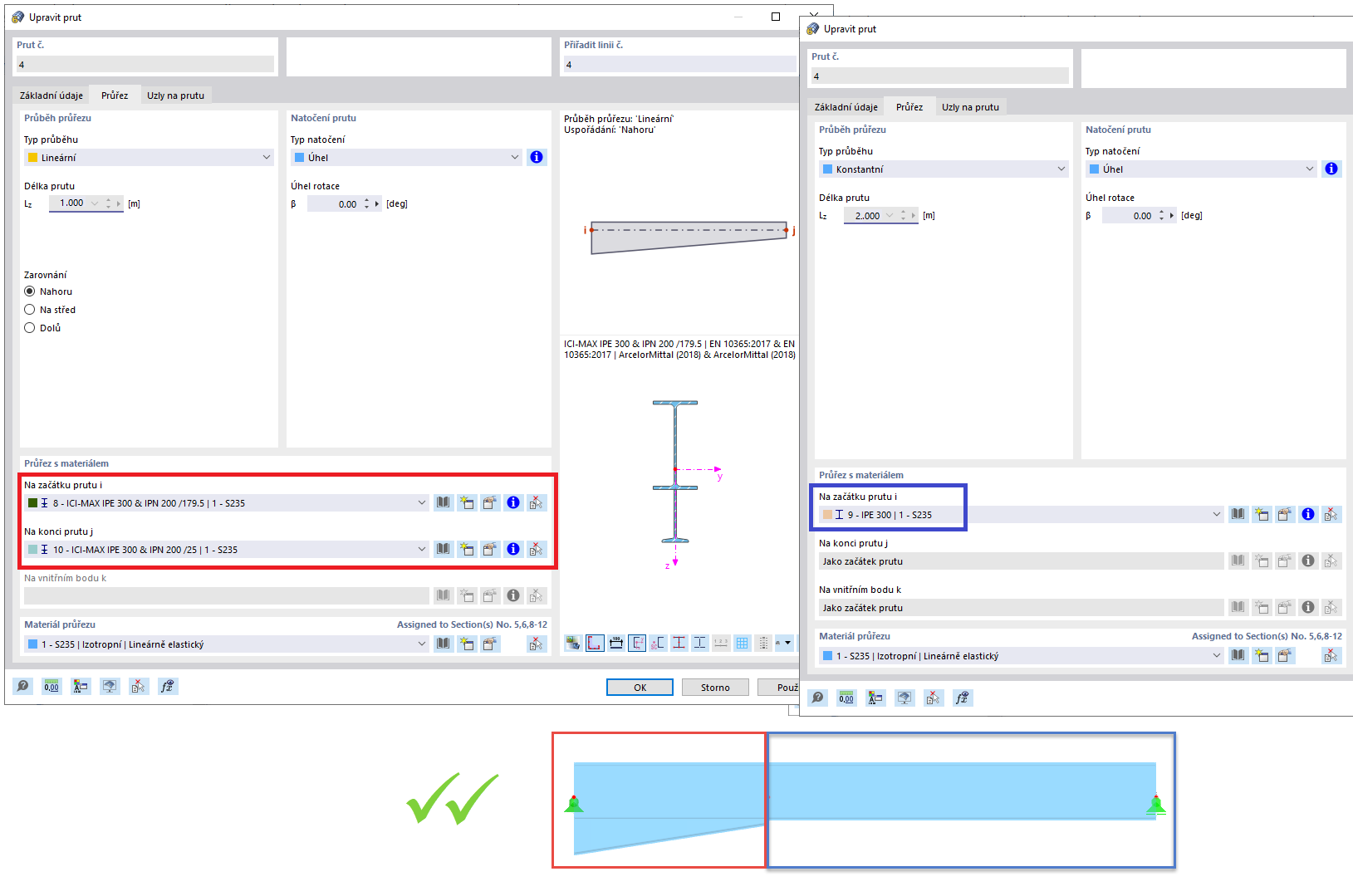 FAQ 005225 | Chtěl bych namodelovat rámový nosník s náběhem (s nastaveným I-profilem). Za tímto účelem jsem vytvořil prut s průběhem průřezu "Náběh na začátku prutu"
