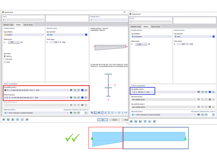 FAQ 005225 | Chtěl bych namodelovat rámový nosník s náběhem (s nastaveným I-profilem). Za tímto účelem jsem vytvořil prut s průběhem průřezu "Náběh na začátku prutu"
