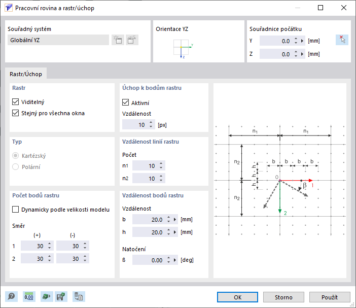 Dialogové okno „Pracovní rovina a rastr/úchop“