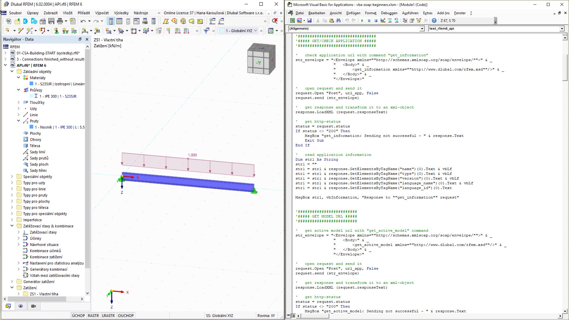 Vygenerovaný nosník na dvou sloupech se zatížením na prut