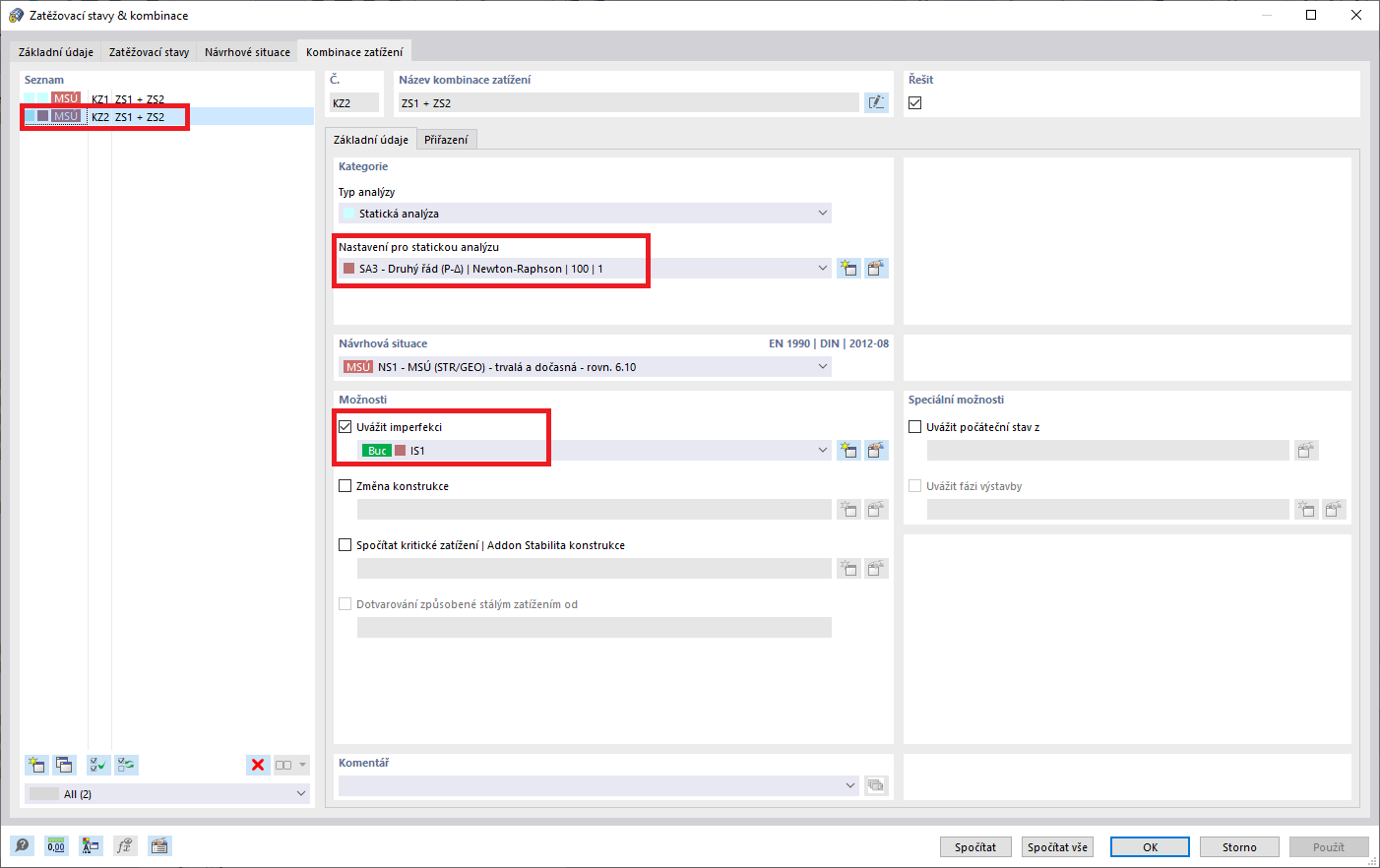 Vytvoření kombinace zatížení, které je přiřazen imperfekční stav