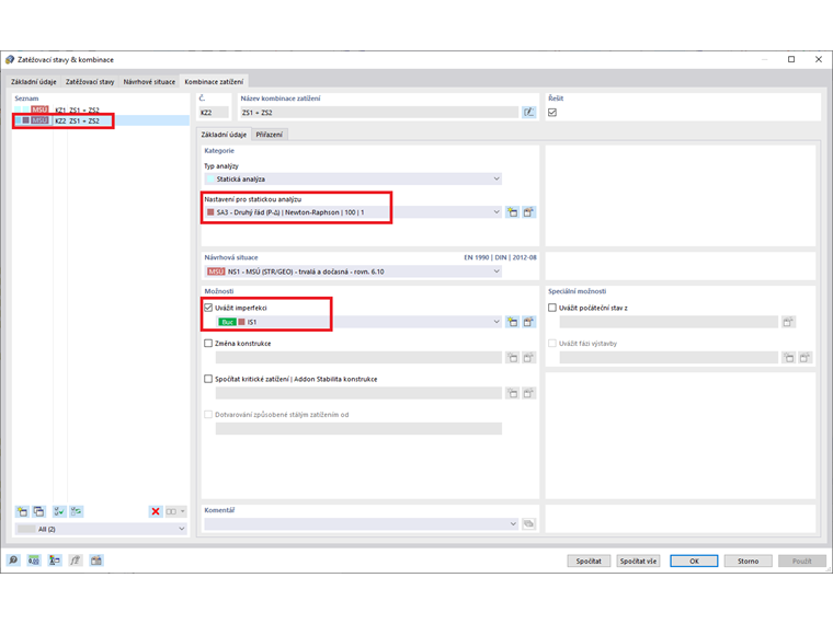 Vytvoření kombinace zatížení, které je přiřazen imperfekční stav