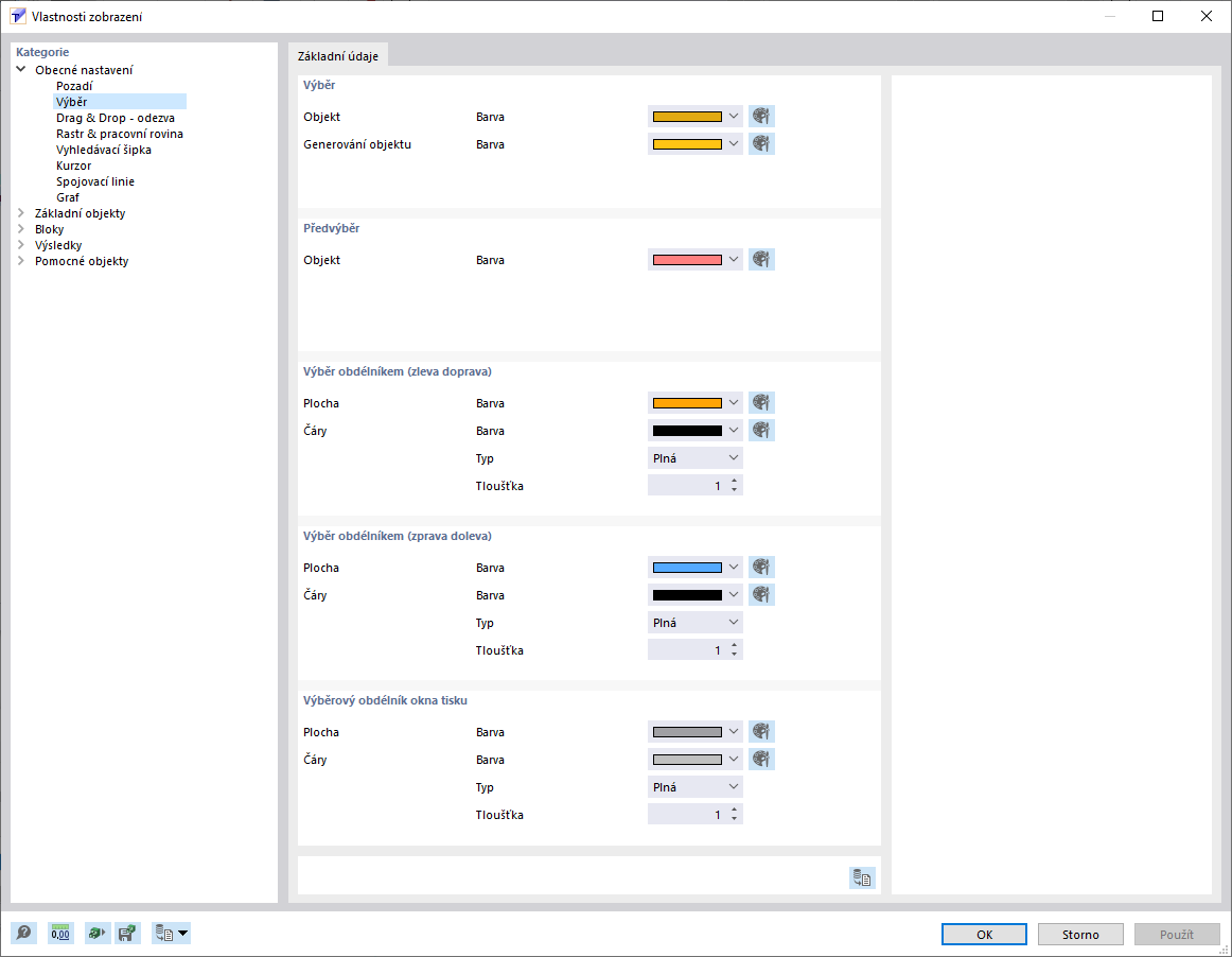 Dialog "Vlastnosti zobrazení", kategorie "Výběr"