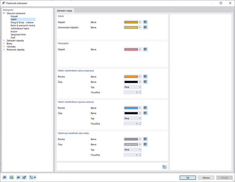 Dialog "Vlastnosti zobrazení", kategorie "Výběr"