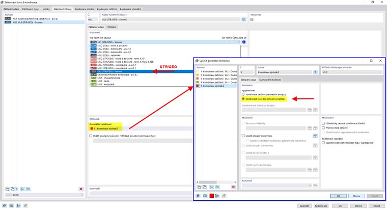 Definování seismické návrhové situace pomocí generátoru kombinací pro kombinace výsledků